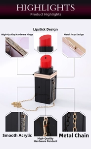 Lipstick-shaped acrylic evening bag highlights with gold chain and metal hinge details