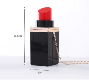 Lipstick shaped evening bag size guide showing 21.5cm height and 8cm width details