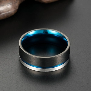 Brushed black and blue stainless steel matte ring for men in modern industrial style