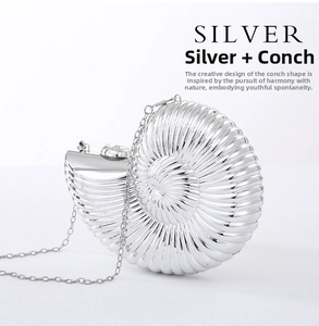Macro detail of silver conch shell clutch showing metallic spiral texture and chain