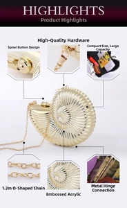 Detail view of conch shell evening bag with acrylic relief and 1.2m O-shaped metal chain