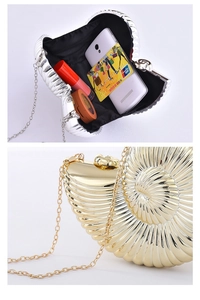 Detailed interior capacity and exterior metallic texture of shell-shaped evening clutch bags