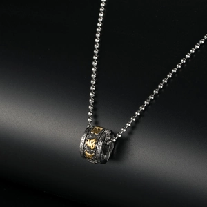Vintage stainless steel lotus cylinder pendant necklace with golden Buddhist mantra details