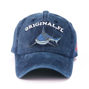 Washed navy blue cotton baseball cap with embroidered shark and American flag detail