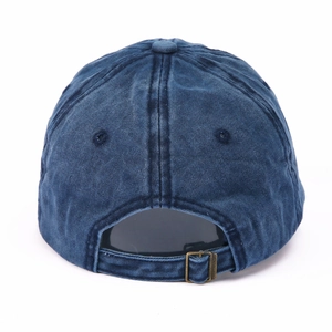 Detail view of washed denim baseball cap with vintage metal adjustable back buckle