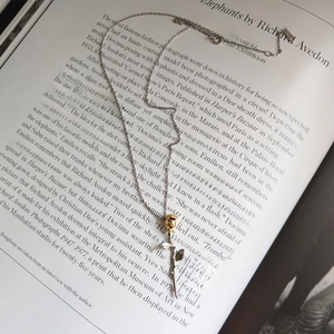 Detail of golden rose pendant with silver leaves on an artistic fashion book
