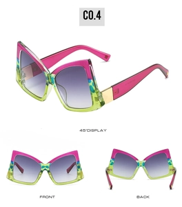 Three views of bow-shaped oversized sunglasses with purple gradient lenses and neon colors