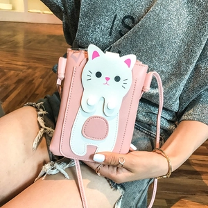 Pink cartoon cat crossbody phone bag with three compartments and adjustable strap