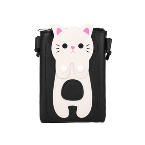 Minimalist cat-shaped crossbody phone bag for women with black and white leather finish