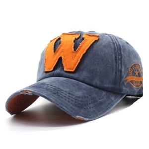 Distressed navy baseball cap with orange embroidery and frayed brim for casual wear