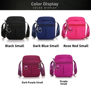 Waterproof nylon crossbody bags in black, blue, rose red, and purple with multiple zippers