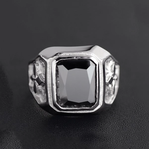 Men's vintage stainless steel signet ring with square black agate on black leather
