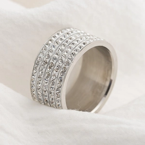 Minimalist wide silver titanium steel ring with five rows of sparkling rhinestones