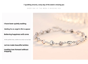 Close-up of 925 silver heart bracelet with sparkling round white zircon stones