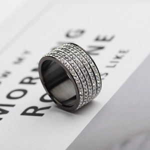 Macro detail of wide titanium steel ring featuring five rows of sparkling inlaid crystals