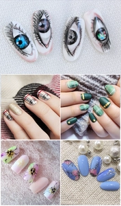 Detailed collage of various nail art styles including floral patterns and plaid designs