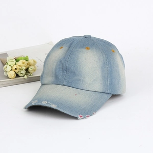 Unisex light blue washed denim baseball cap with vintage distressed brim and retro style