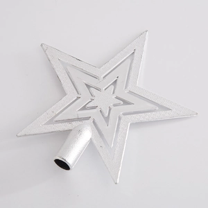 Silver hollow star Christmas tree topper with metallic finish and cylindrical base mount