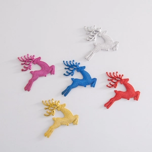 Set of five colorful Christmas reindeer ornaments in silver blue gold and red glitter