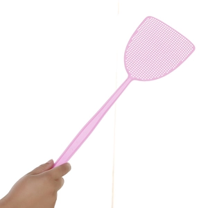 Pink plastic fly swatter with a durable mesh and long handle for home mosquito control