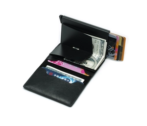 Detail view of the pop-up mechanism and internal slots in the RFID aluminum wallet