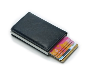 Slim black leather RFID blocking aluminum wallet showing tiered popup card feature