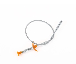 Flexible stainless steel sewer claw pick-up tool with orange spring-loaded handle