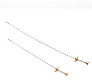 Flexible claw pickup tool with orange handle for drain cleaning and narrow spaces