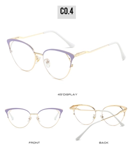 Detail views of two-tone cat-eye glasses frame with golden metal floral carved temples