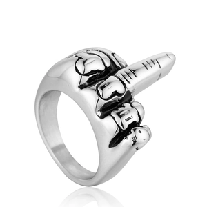Silver 316L stainless steel vintage middle finger ring with creative hand sculpture