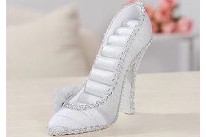 Macro view of high heel ring display stand with silver glitter fabric and soft slots