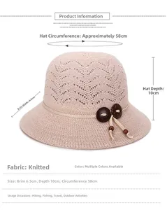 Detailed size chart for pink breathable hollow knit sun hat with 6.5cm brim measurements