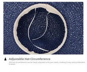 Detail view of adjustable inner band with white drawstring for sizing navy straw hat