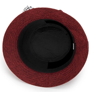 Linen sun hat for women with floral detail and interior sweatband in wine red color