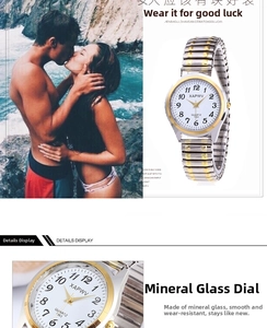 Detail of quartz watch dial with mineral glass and elastic metal expansion strap