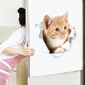 3D Wandaufkleber mit einer süßen orangefarbenen Katze, die aus der Wand schaut