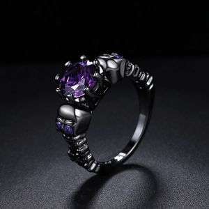 Gothic skull ring with oval purple zircon and black silver metal finish for women