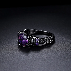 Gothic black gold plated skull ring with large purple zircon and 18K RGP stamp
