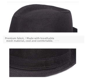 Detailed close-up of breathable black mesh material on a men's summer fedora sun hat