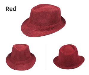 Three-way view of red breathable woven sun hat for men featuring matching ribbon trim