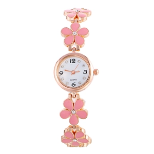 Elegante rotgoldene Quarz-Damenuhr mit rosa Blumen-Metallarmband und weißem Zifferblatt