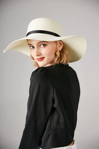 Detail of elegant beige wide-brim straw hat with black ribbon and woven texture