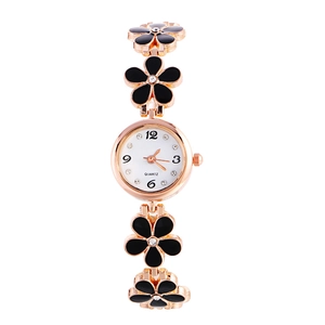 Elegante roségoldene Armbanduhr mit schwarzen Emaille-Blumen und Kristall-Zifferblatt