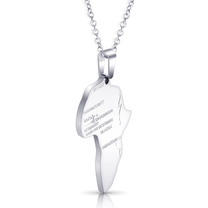 Silver stainless steel Africa map pendant necklace with engraved city names and reflection