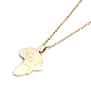 Golden stainless steel Africa map pendant necklace with engraved regional names on white base