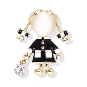 Sweet cartoon girl brooch with black and white dress and sparkling diamond crystal