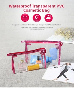 Detail view of large and small waterproof clear PVC makeup bags with pink leather edges