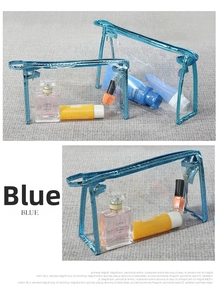 Close-up of waterproof blue transparent PVC makeup bag with zipper and handle detail
