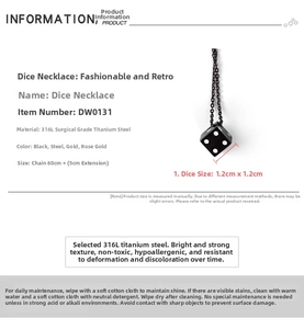 Detailed specs of a 316L titanium steel black dice pendant necklace on a 60cm chain