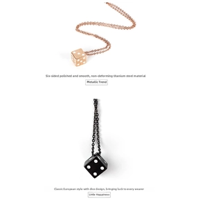 Detailed macro view of rose gold and black titanium dice pendants on chain necklaces